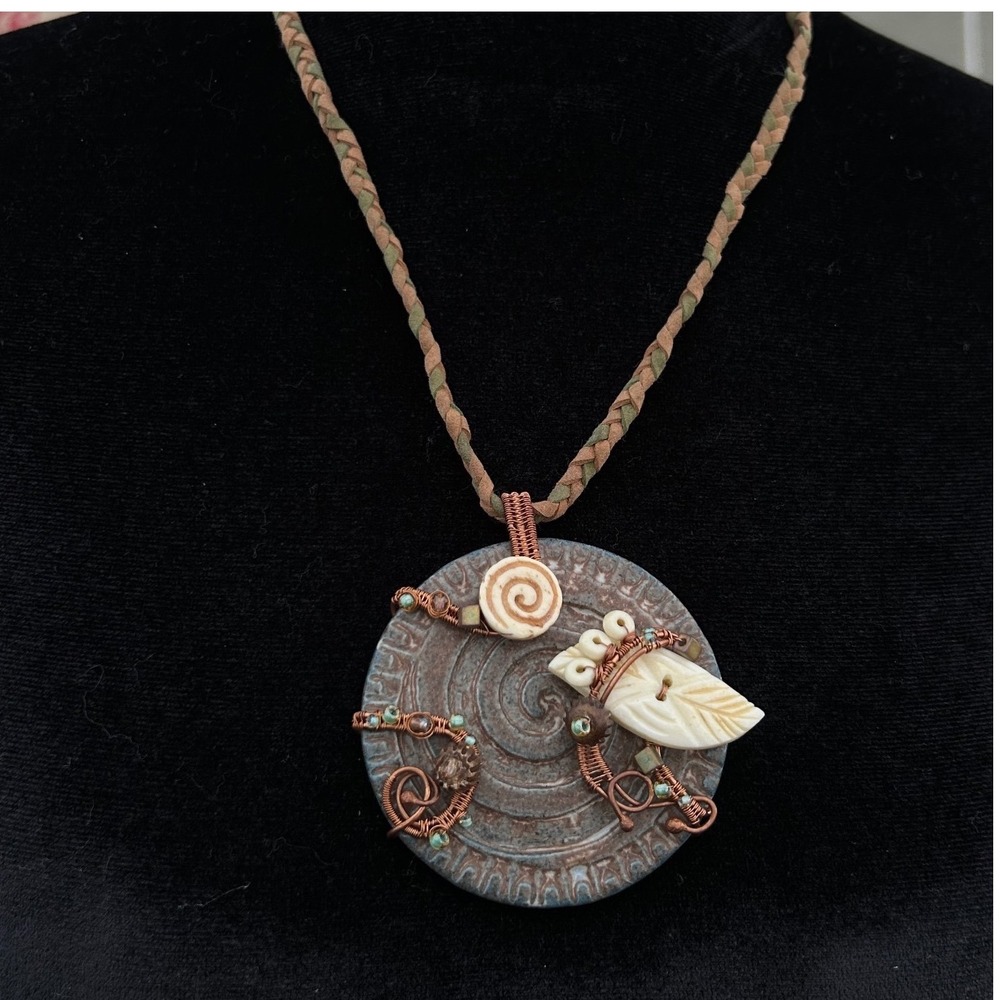 Artisan Tribal Ceramic Copper Wire Wrap Bone Leaf Braided‎ Cord Necklace Boho